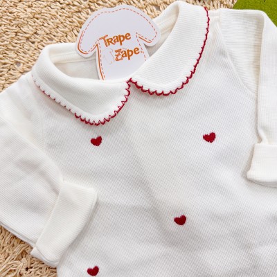  Macacão Tricotil (Tricot 100% Algodão) com Gola e Bordado - Off White Corações 